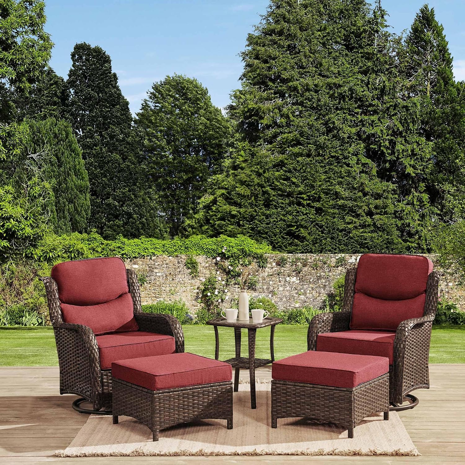 HILLGA Luxury 5PCS Outdoor Swivel Rocker Patio Chairs of 2 with 6 Inch Thick Cushions and Side Table, All Weather Outdoor Chairs High Back Wicker Patio Furniture Set for Porch and Deck, Burgundy