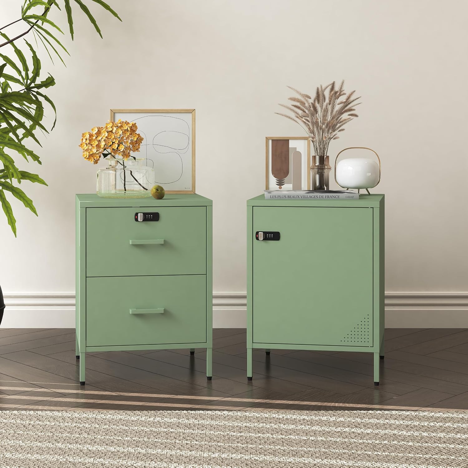 Steehoom Locker Nightstand Metal End Table Single Door Bedside Cabinet Lockable Storage Cabinet for Living Room, Bedroom, Dorm,Home, Office 21.26”H X 15.75”W X 15.75”D (1 Door, Green)