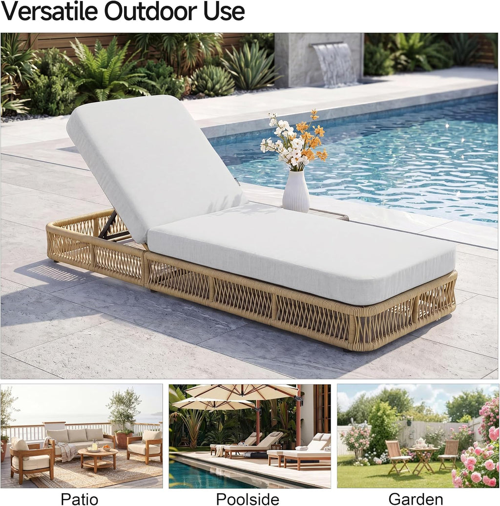 Outdoor Chaise Lounge Chair Set of 2, 5-Position Adjustable Backrest, All-Weather Brown Woven Rope Recliner with 5 Inch Beige Cushion, Water-resistant Patio Lounge Chair for Poolside, Beach, Backyard