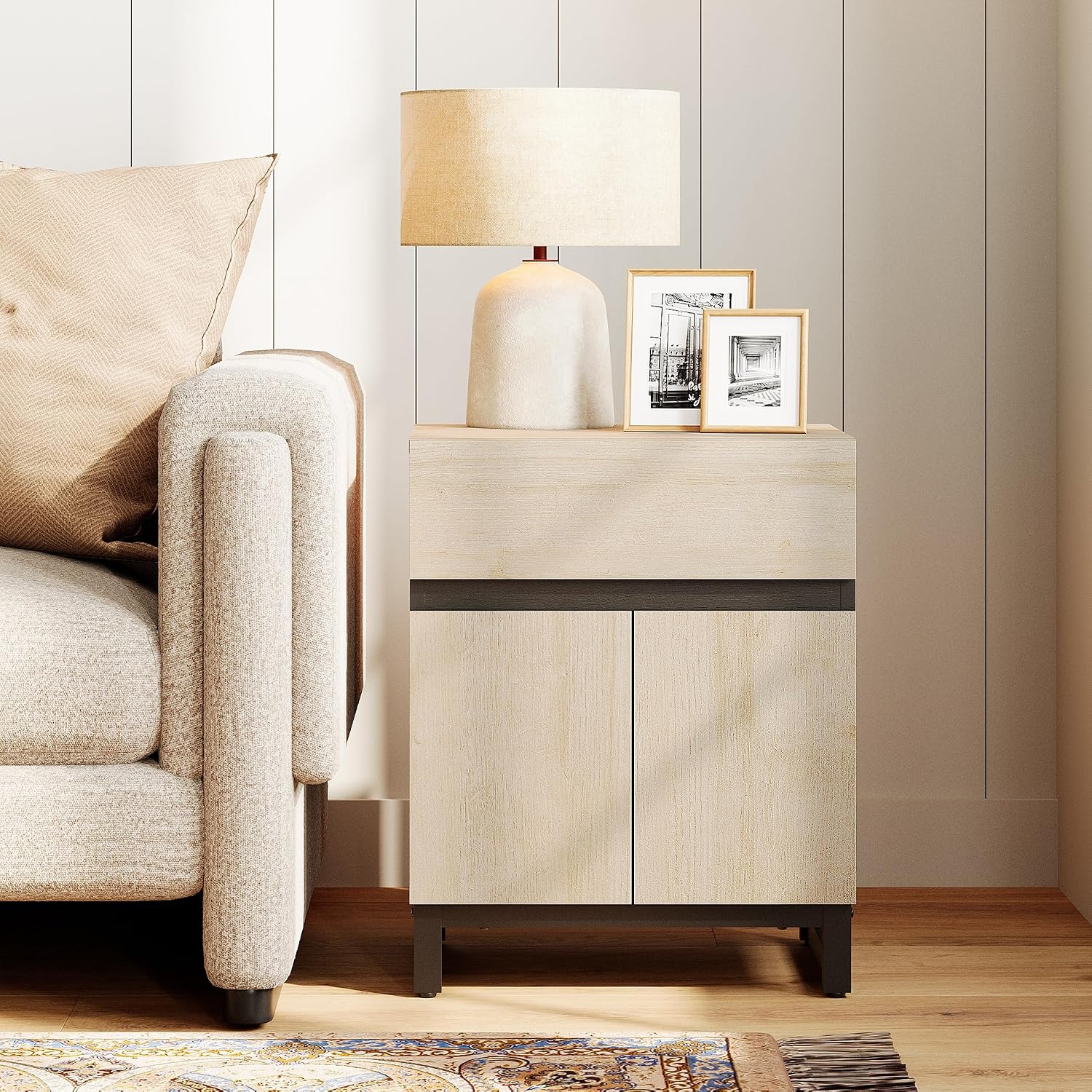 WAMPAT Modern End Table with 1 Drawer & 1 Storage Cabinet, Farmhouse Sofa Table, Wooden Rustic Side Sofa Table with Metal Leg for Living Room, Nighstand for Bedroom, Beige, 1 Psc