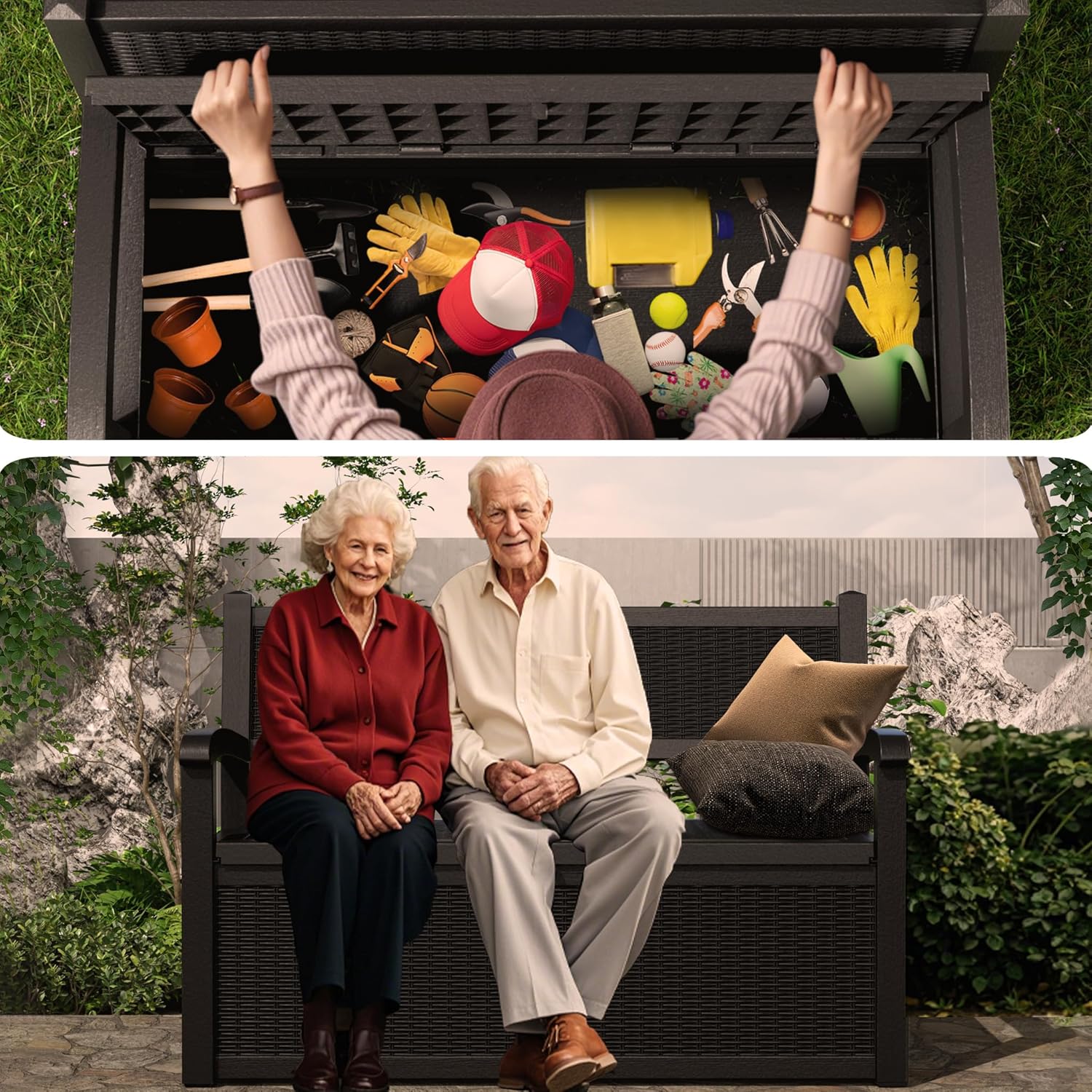 EFU Outdoor Storage Bench, Outdoor Bench with Storage, 80 Gallon Heavy-Duty&Waterproof Lockable Storage Bench Outdoor for Patio, Garden, Porch (Black)