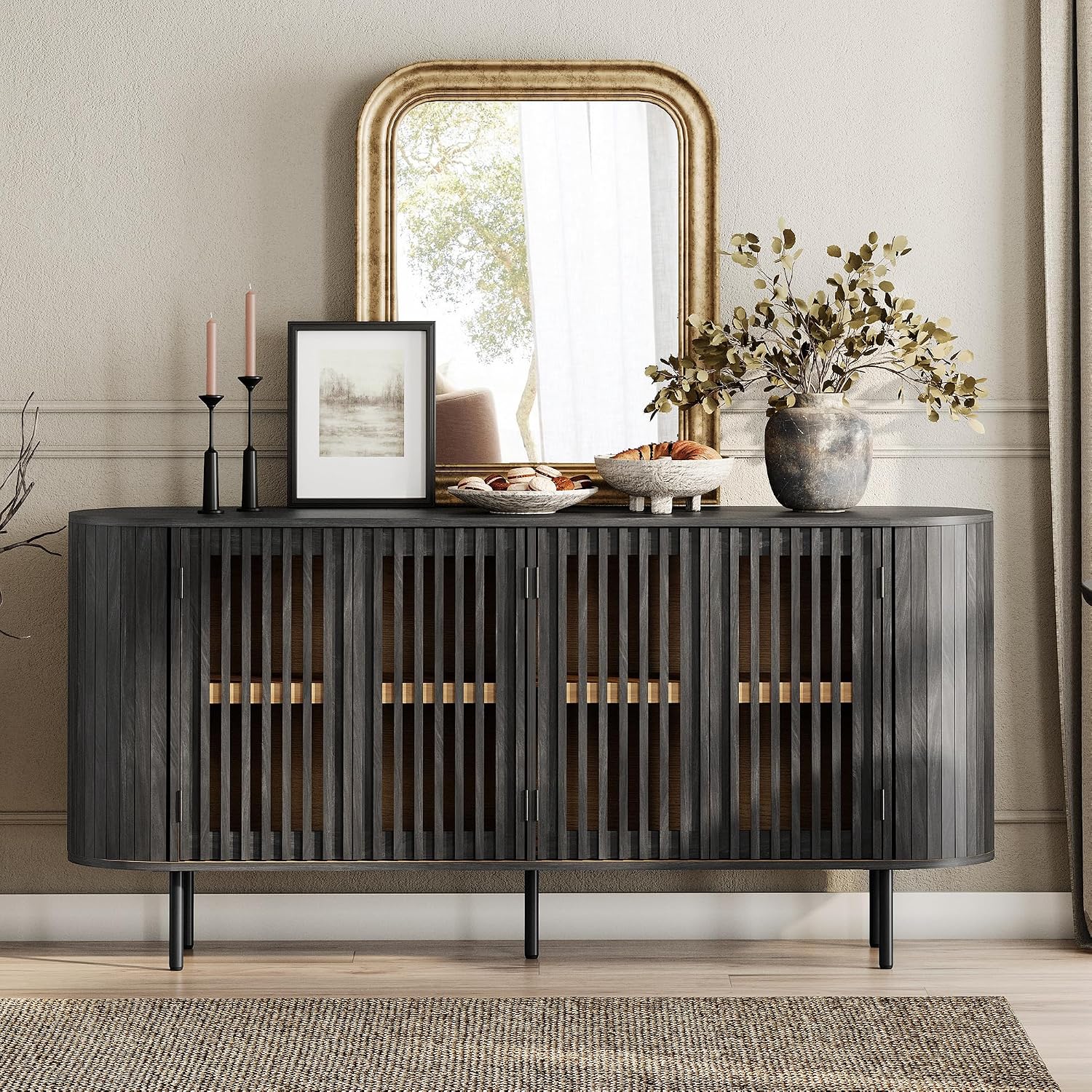WAMPAT Fluted Sideboard Buffet Cabinet, 65" Mid Century Modern Credenza Storage Cabinet with 4 Pop-Up Doors, Wood Accent Kitchen Buffet Table for Dining Room,Living Room, Entryway, Black