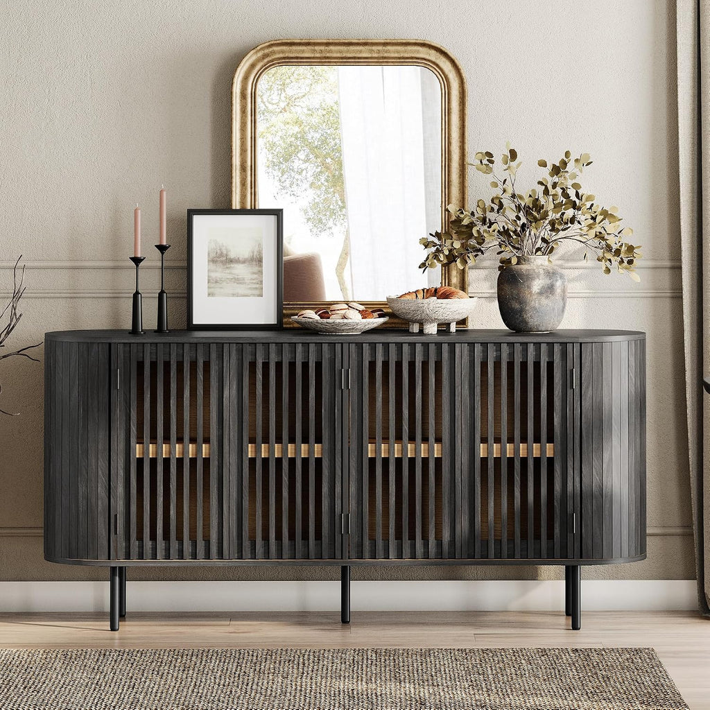 WAMPAT Fluted Sideboard Buffet Cabinet, 65" Mid Century Modern Credenza Storage Cabinet with 4 Pop-Up Doors, Wood Accent Kitchen Buffet Table for Dining Room,Living Room, Entryway, Black