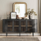 WAMPAT Fluted Sideboard Buffet Cabinet, 65" Mid Century Modern Credenza Storage Cabinet with 4 Pop-Up Doors, Wood Accent Kitchen Buffet Table for Dining Room,Living Room, Entryway, Black