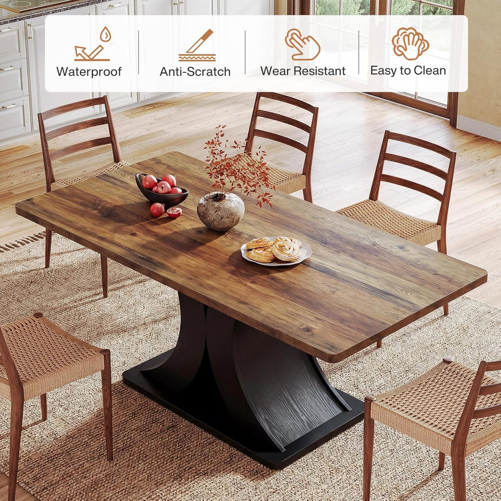 Tribesigns 55-Inch Dining Table for 4-6, Farmhouse Kitchen Dinner Table with Heavy Duty Pedestal, Rectangle Wooden Eating Table for Dining Room, Kitchen, Black & Brown