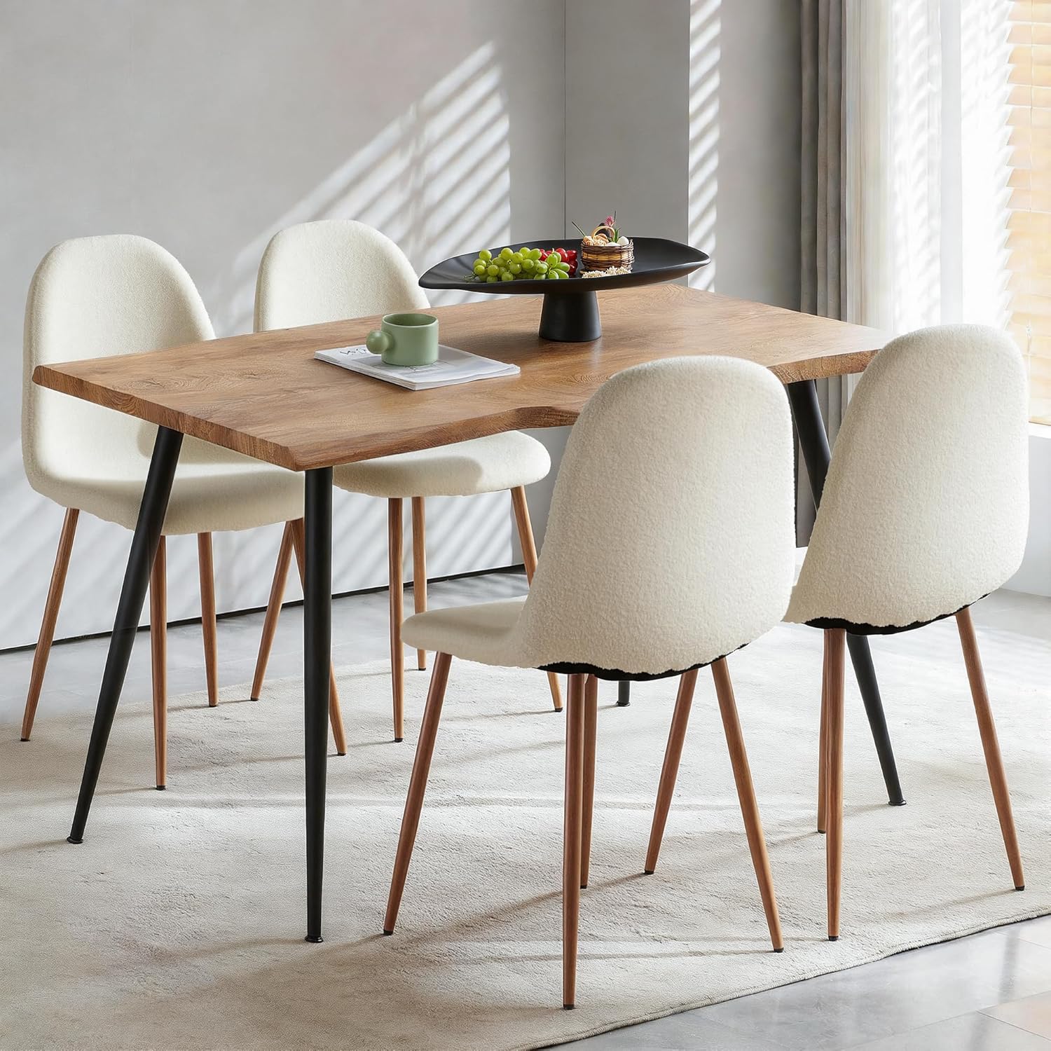 Howtek 5 Piece Dining Table Set, Modern Rectangular Kitchen Dining Room Table with 4 Teddy Fabric Dining Chairs, Space-Saving Kitchen Table Set for Apartment, Living Room, Small Space