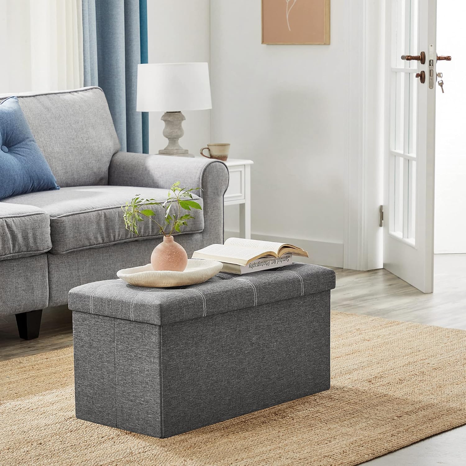 SONGMICS Mazie Collection - 30 Inches Ottoman Storage Bench, 21 Gal. Folding Chest with Breathable Linen-Look Fabric, Load up to 660 lb, for Entryway, Living Room, Bedroom, Dark Gray ULSF001G01