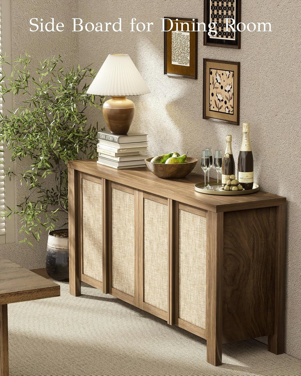 Yechen Buffet Cabinet with Storage, 63" Wide Sideboard with Solid Wood Handles and Rattan Look Accent Doors, Flexible Shelves, for Living Room, Kitchen, Natural Walnut