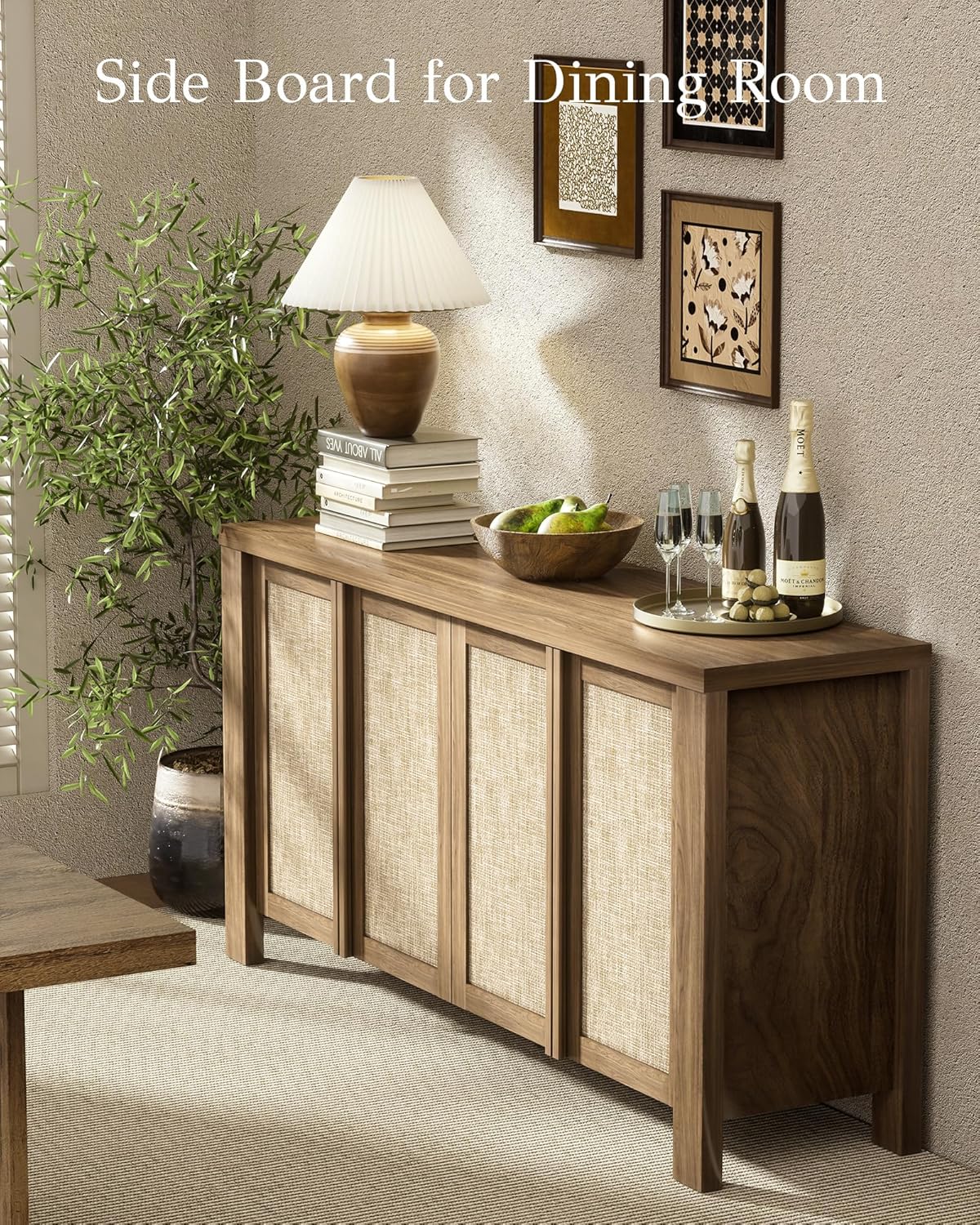 Yechen Buffet Cabinet with Storage, 63" Wide Sideboard with Solid Wood Handles and Rattan Look Accent Doors, Flexible Shelves, for Living Room, Kitchen, Natural Walnut