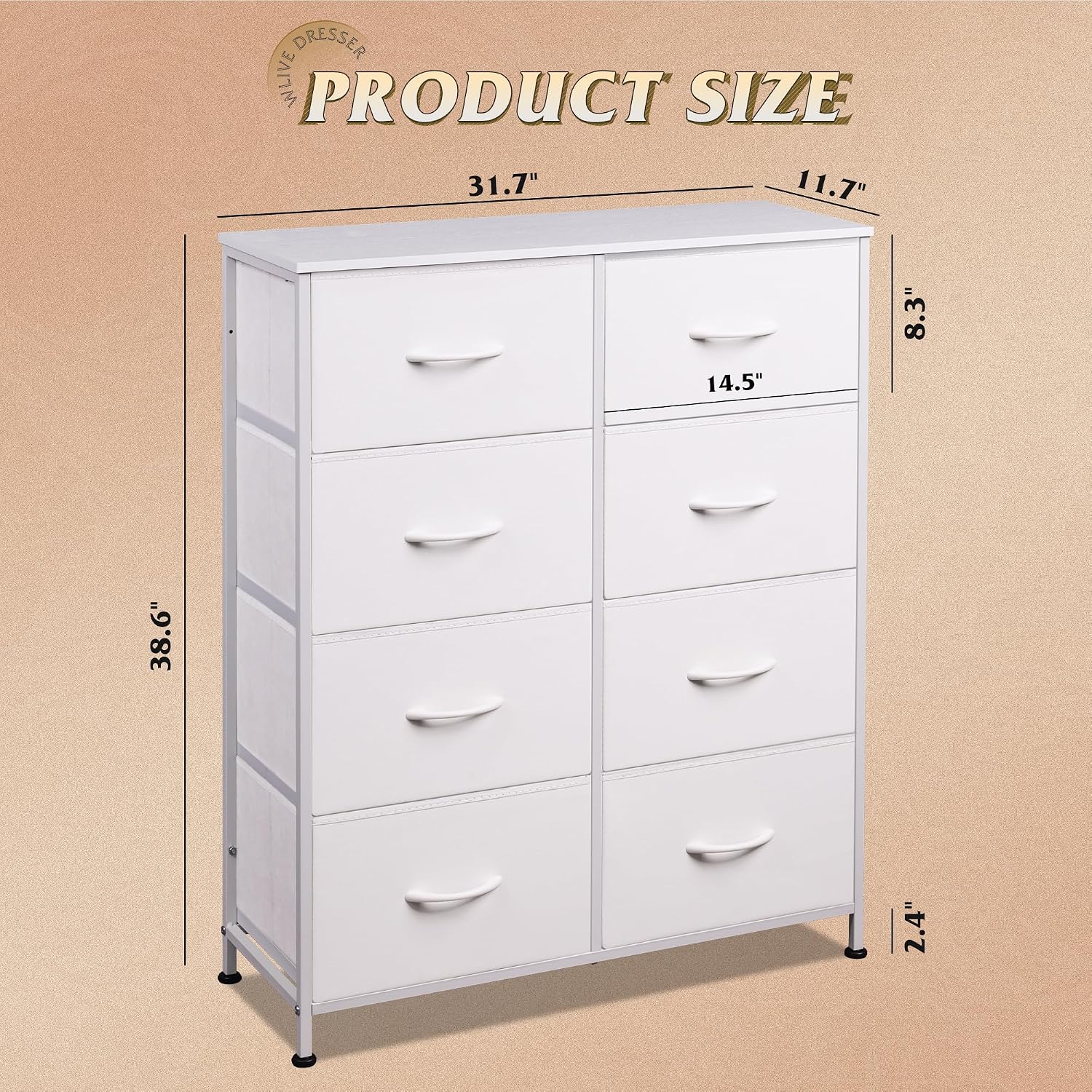 WLIVE Fabric Dresser for Bedroom, Tall Dresser with 8 Drawers, Storage Tower with Fabric Bins, Double Dressers, Chest of Drawers for Closet, Playroom, Dormitory, White