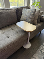 C Shape End Table with Oval Top, Wood Brown Beige Grain and White Metal Base, Sofa Side Table for Coffee and Laptop
