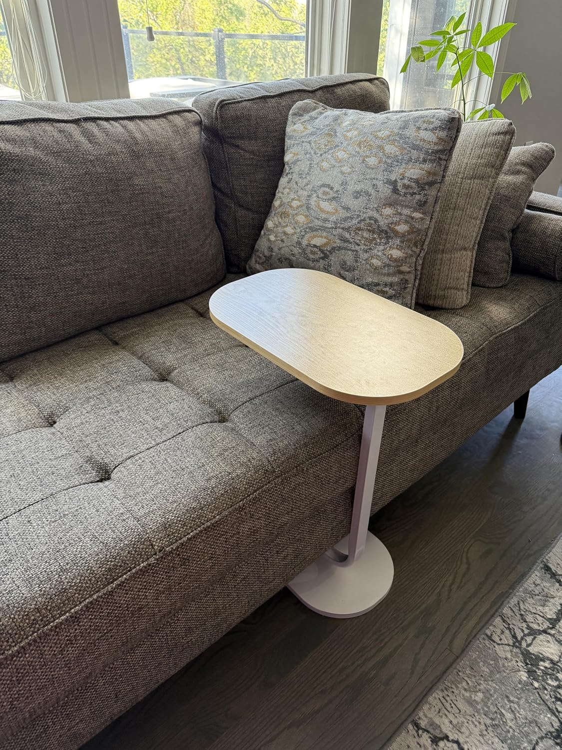 C Shape End Table with Oval Top, Wood Brown Beige Grain and White Metal Base, Sofa Side Table for Coffee and Laptop