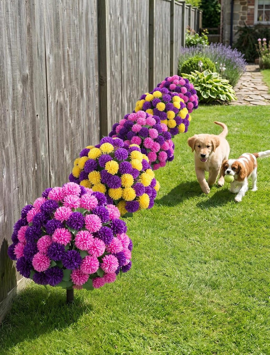 Artificial Mum Topiary Ball: 33" Fake Chrysanthemum Flower with Spike Set of 2 for Front Porch Decor - Purple Pink Faux Bushes Plants with Spike for Outdoor Indoor Garden Patio Entryway