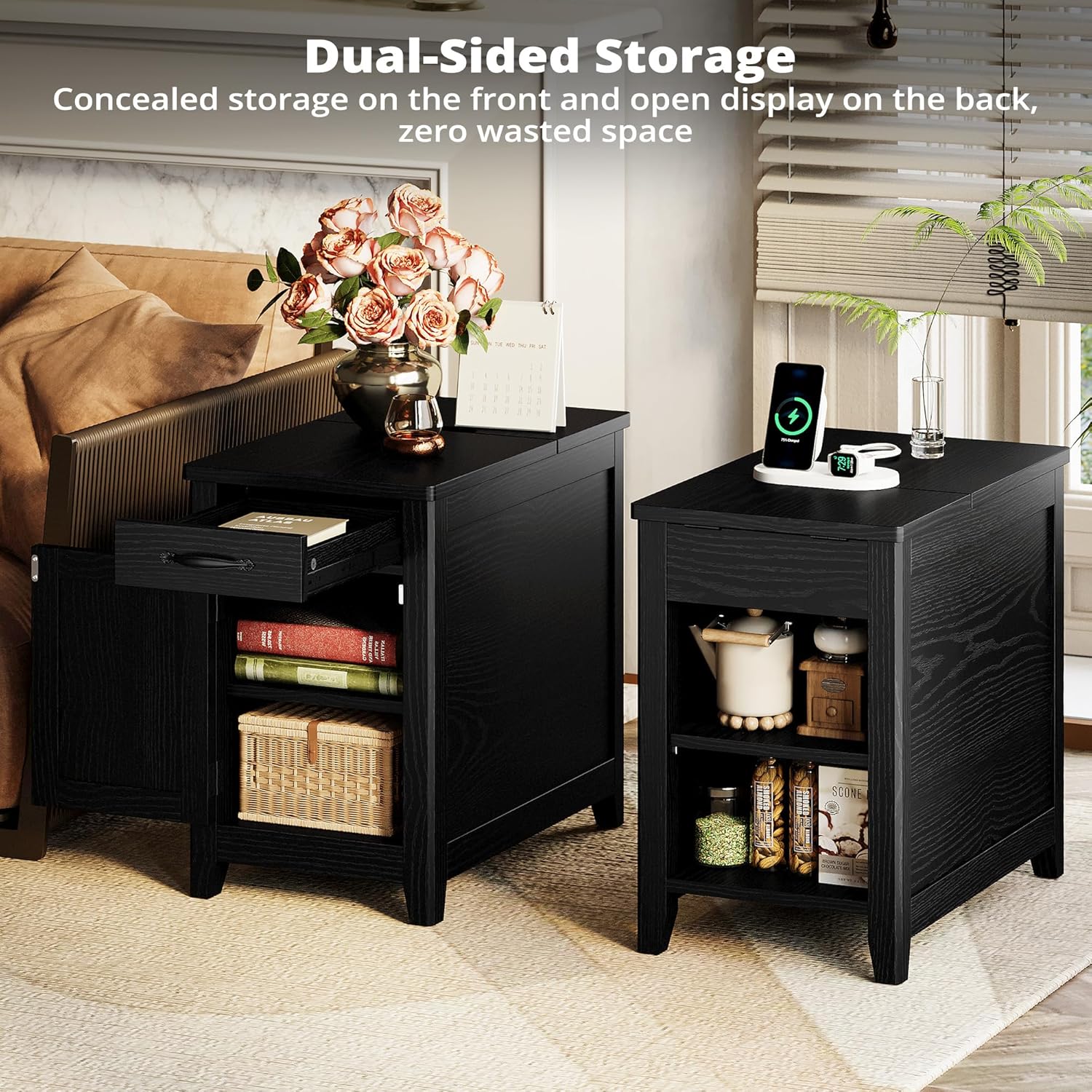 IRONCK End Table with Charging Station, Narrow Side Table for Living Room, Farmhouse Night Stand for Bedroom, Bedside Table with Storage and Drawer for Home, Black