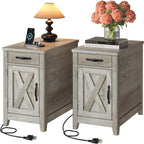 IRONCK End Table with Charging Station, Narrow Side Table for Living Room, Night Stand Set of 2 with Drawer and Cup Holder, Farmhouse Bedside Table with USB Ports and Outlets for Home, Beige Maple