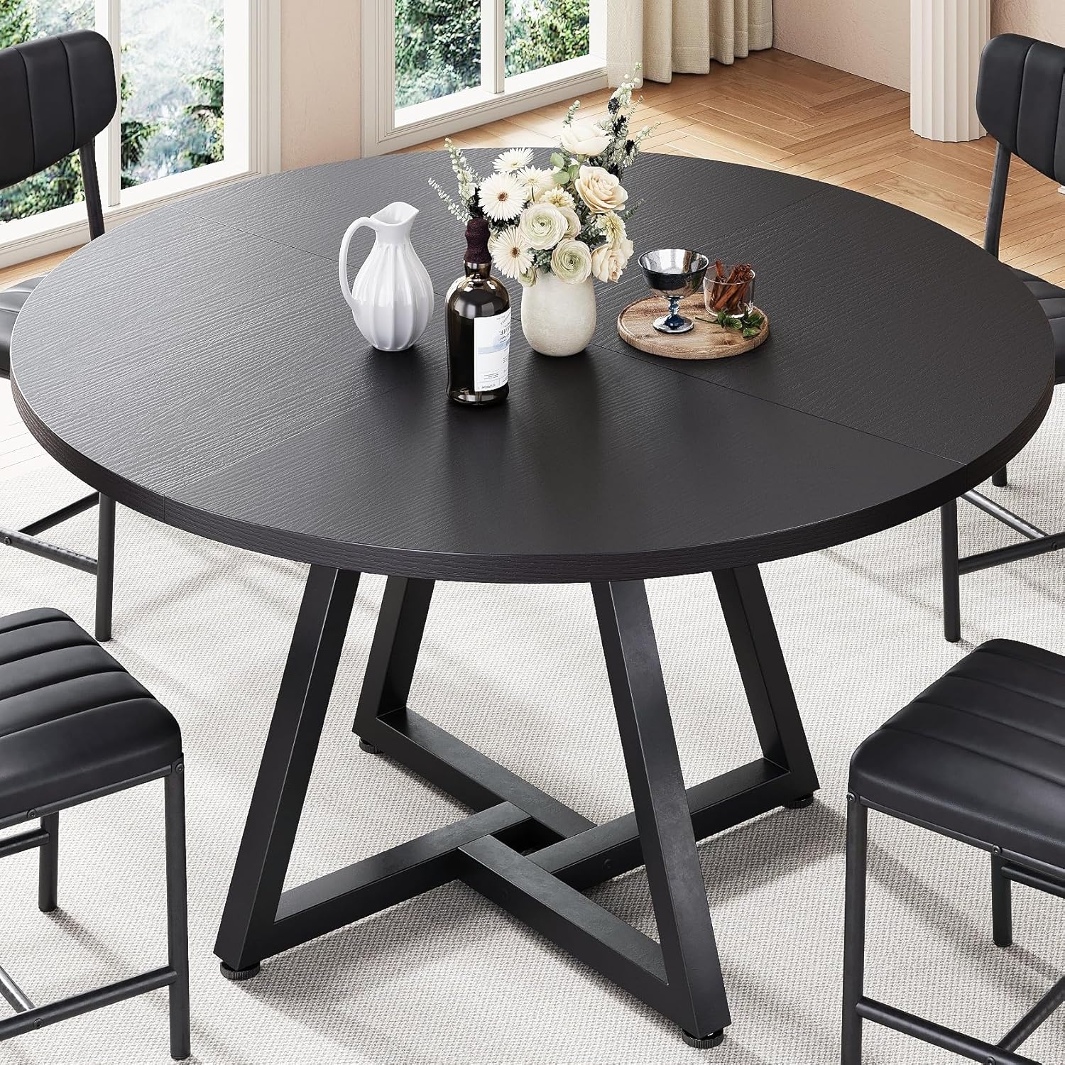 Jocoevol Round Dining Table Kitchen Dining Room Circle Dinner Pedestal Table for 4, Space Saving Wood Kitchen & Dining Room Furniture (Black)