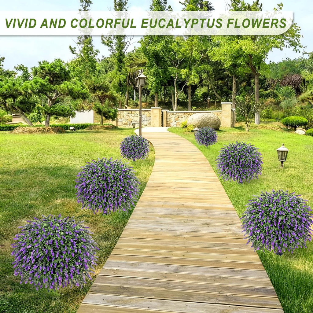 Artificial Plants Bushes for Outdoors, 2 Pack 25.6" Faux Topiary Ball Trees Lavender Plants with Stakes/Spikes for Outside, UV Resistant Fake Greenery for Front Porch, Garden, Yard (Purple, Green )