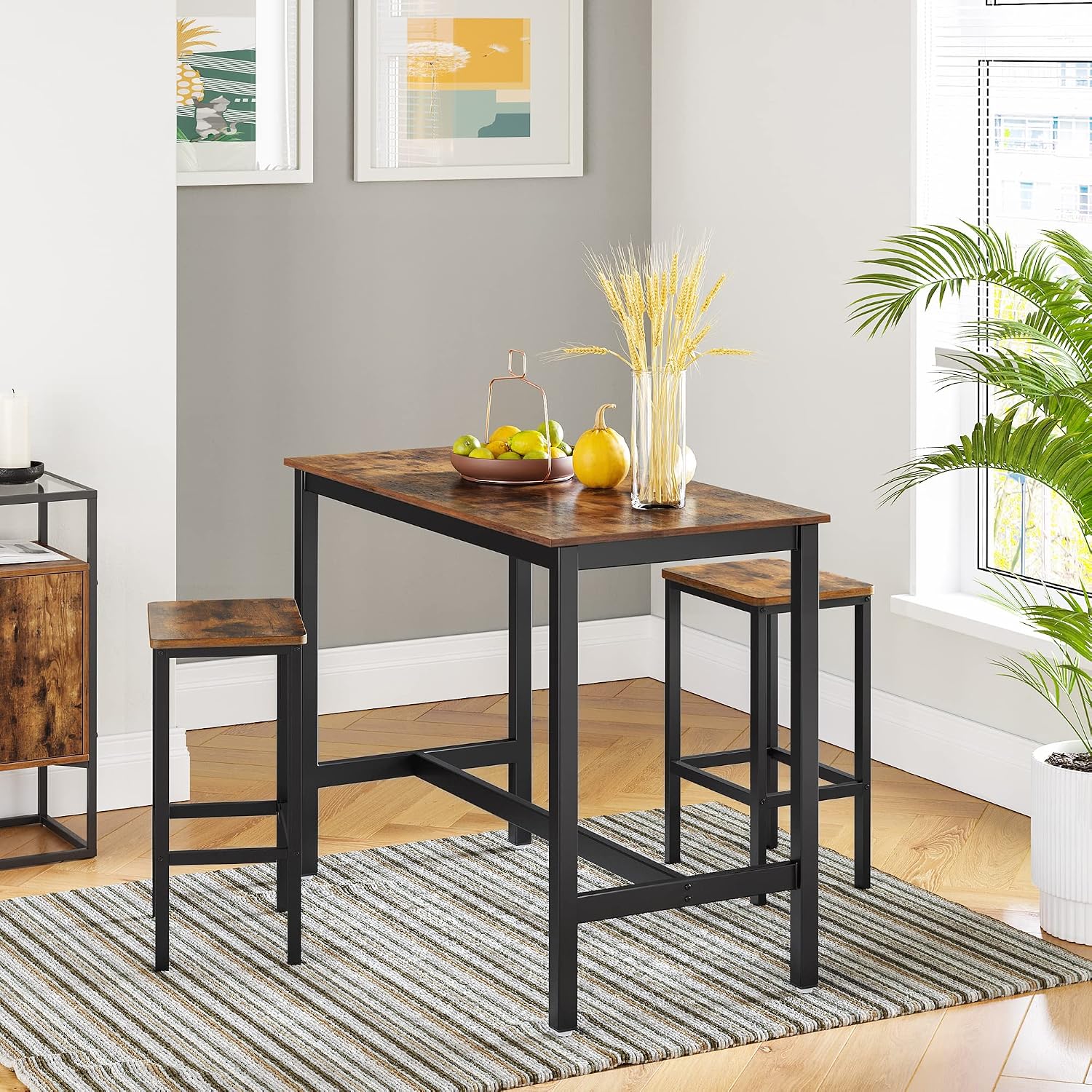 VASAGLE Bar Table with Sturdy Metal Frame, Easy Assembly, Industrial Design & Bar Stools, Set of 2 Bar Chairs, Kitchen Breakfast Bar Stools