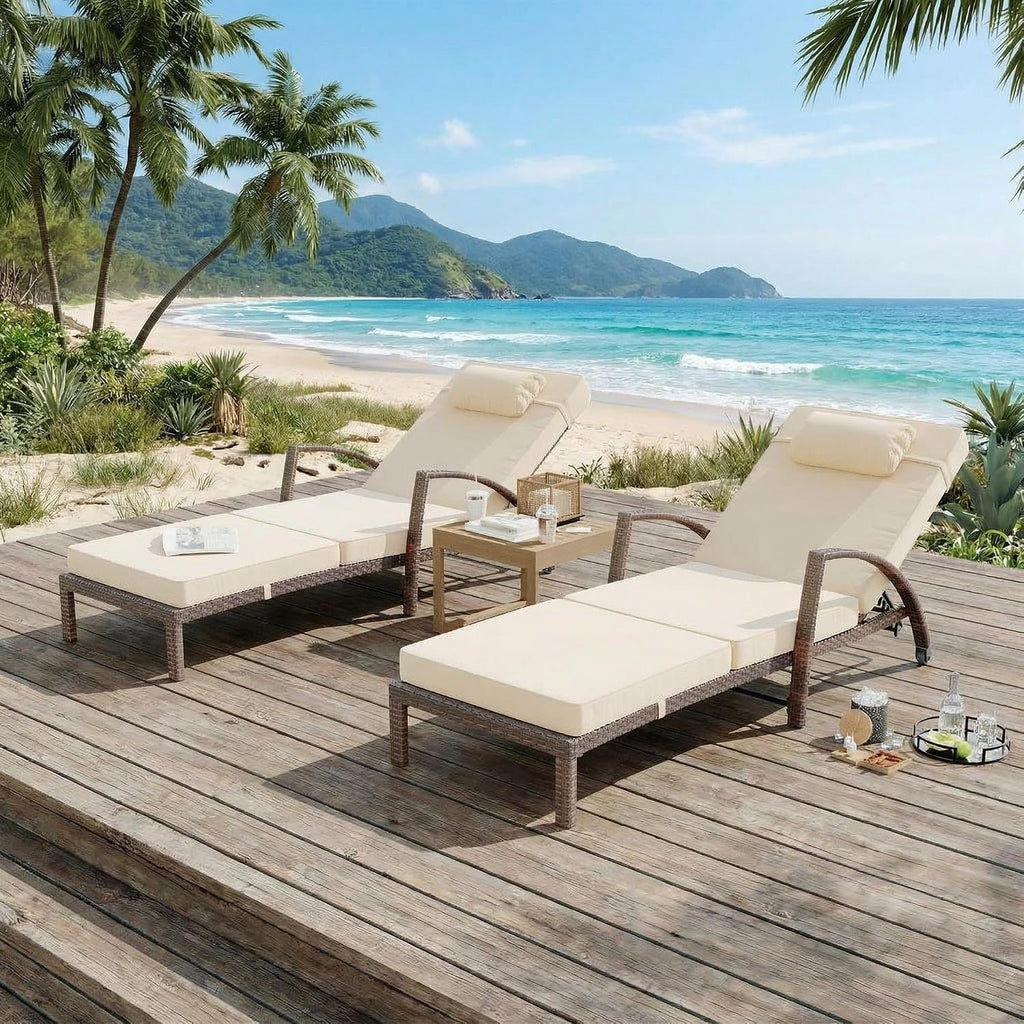 Outdoor Lounge Chairs Set of 2, Pool Lounge Chairs for Outside Patio Furniture, Outdoor PE Rattan Wicker Patio Chaise with 5-Positions Adjustable for Poolside, Deck,Beige
