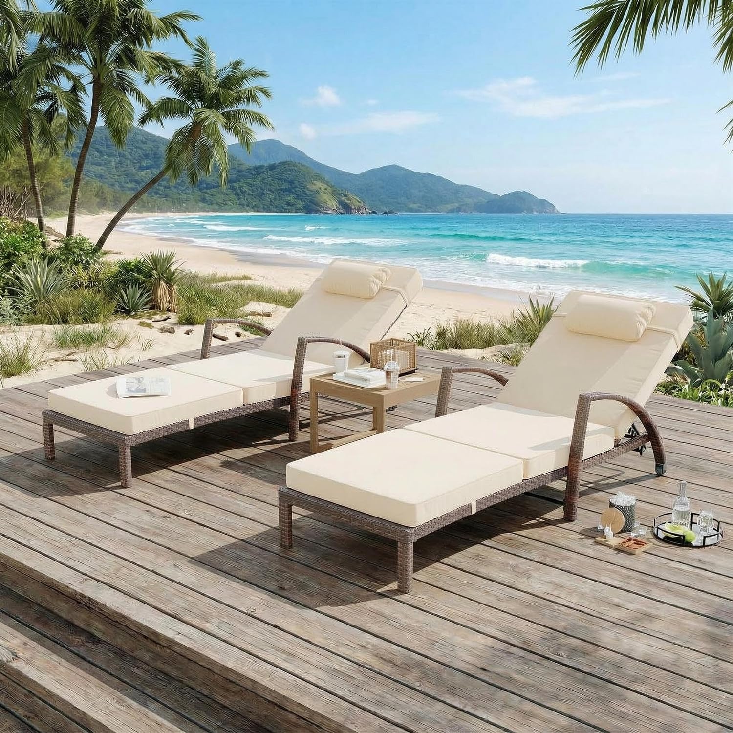 Outdoor Lounge Chairs Set of 2, Pool Lounge Chairs for Outside Patio Furniture, Outdoor PE Rattan Wicker Patio Chaise with 5-Positions Adjustable for Poolside, Deck,Beige