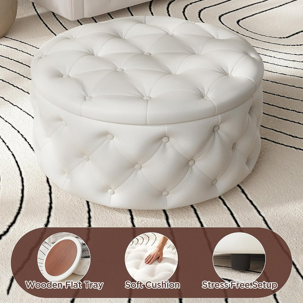 FiveWillowise 30 Inch Round Storage Ottoman, Large Circle Coffee Table with Storage Tray, Modern Button Footstool with Removable Lid,Cozy Foot Stools for Living Room, Bedroom, Makeup Room,Cream White