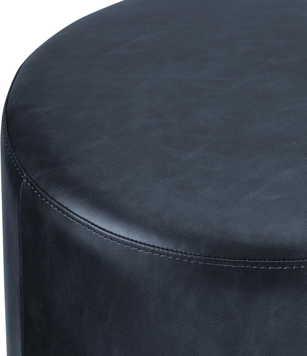 Studio Living® 19” Wentworth Ottoman Round Faux Leather Bench, Stationary Ottomans, Backless Chair, Footrest for Living Room, Footstool Office, Bedroom, Padded Seat, Navy Blue