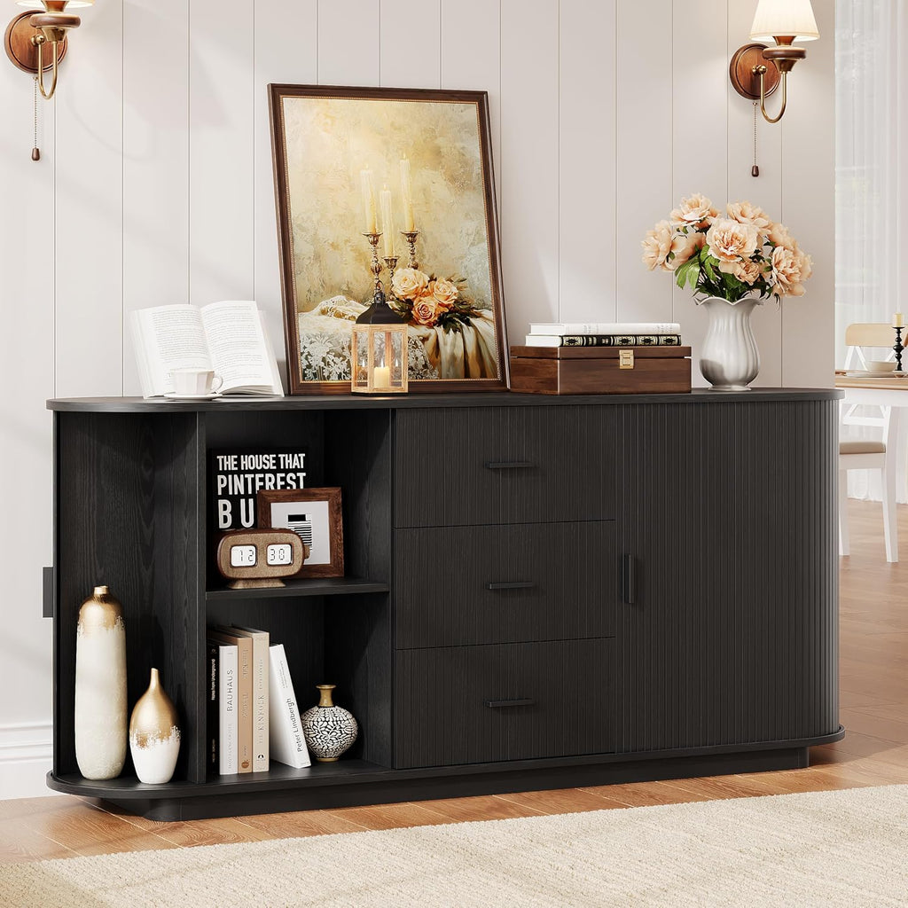 ONBRILL 63" Fluted Sideboard Buffet Cabinet with 3 Drawers & 2 Doors, Mid-Century Modern Buffet Sideboard Cabinet with Storage, Coffee Bar Table with Adjustable Shelf for Kitchen, Living Room, Black