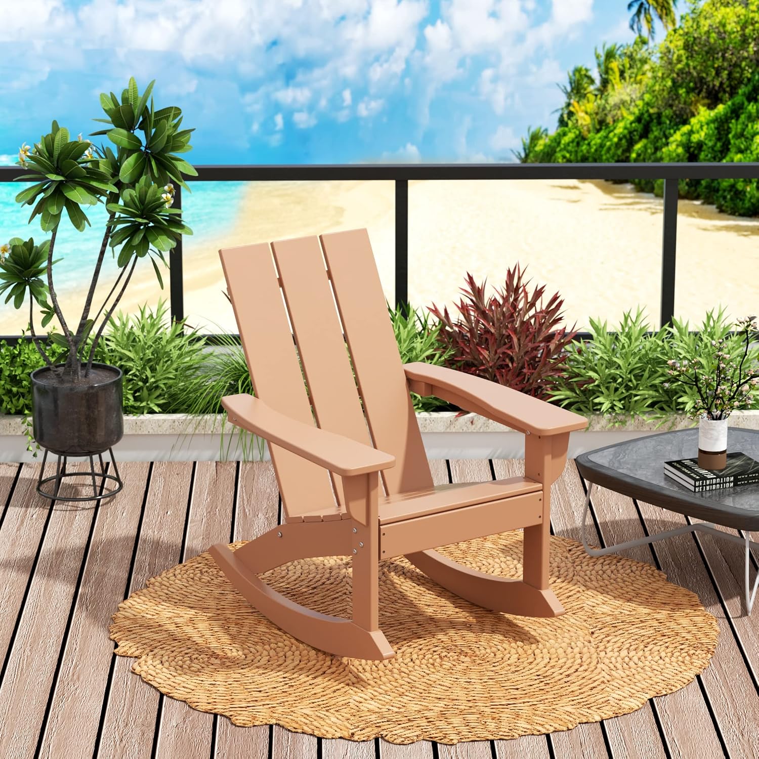 HDPE Shoreside Modern Rocking Poly Adirondack Chair (Set of 4),Teak