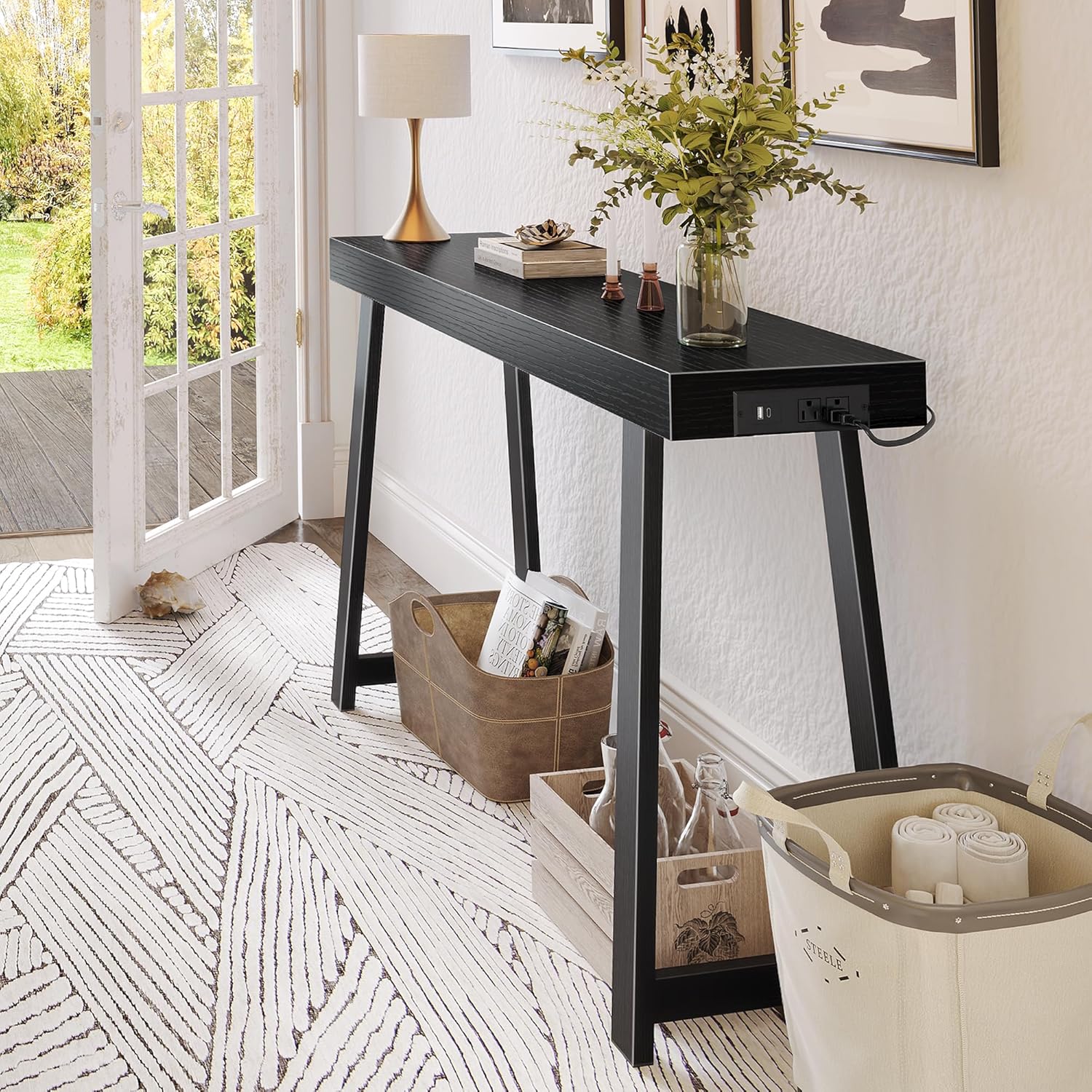 Huuger Entryway Console Table with Charging Station, USB-C Port, 47.2 Inch Sofa Table with Metal Legs, Entry Hallway Table with Thicker Desktop, Modern Behind Couch Table, Black