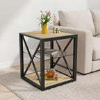 Modern End Table with Tempered Glass Shelf and Natural Wood MDF, Industrial Metal Frame Side Table for Living Room Bedroom Office, Functional Compact Three-Tier Accent Furniture Piece Design