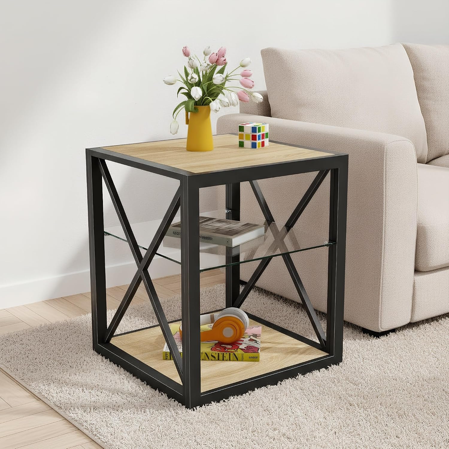 Modern End Table with Tempered Glass Shelf and Natural Wood MDF, Industrial Metal Frame Side Table for Living Room Bedroom Office, Functional Compact Three-Tier Accent Furniture Piece Design