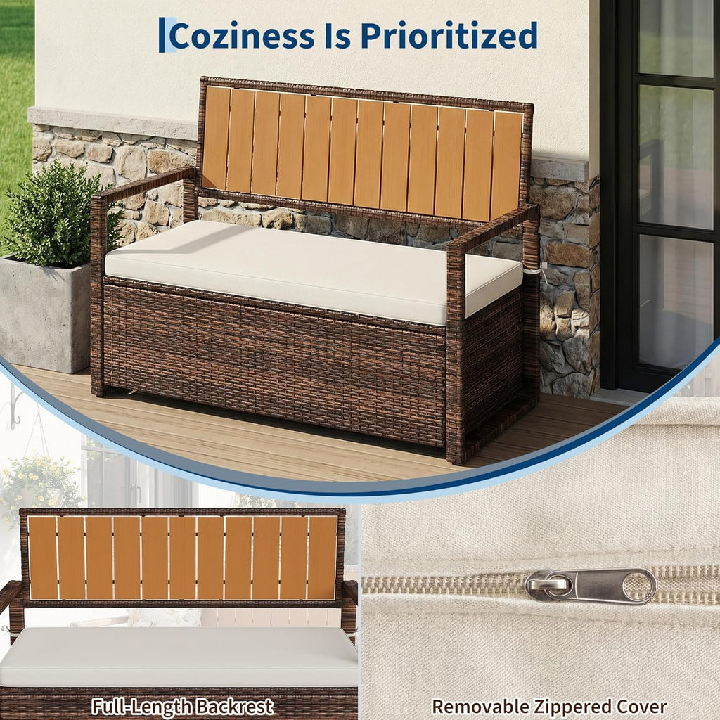 Outdoor Storage Bench with Cushion, 2-Seater PE Rattan Storage Box with Backrest & Armrests, 75 Gallon, 400 lbs Capacity Weatherproof Patio Bench for Garden, Balcony, Porch, Pool, Yard,Dark Brown