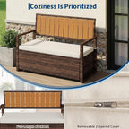 75 Gallon Outdoor Storage Bench with Cushion, 2-Seater PE Rattan Patio Storage Box with Backrest & Armrests, Weatherproof Lockable Deck Box for Garden, Balcony, Porch, Pool, Yard, Dark Brown