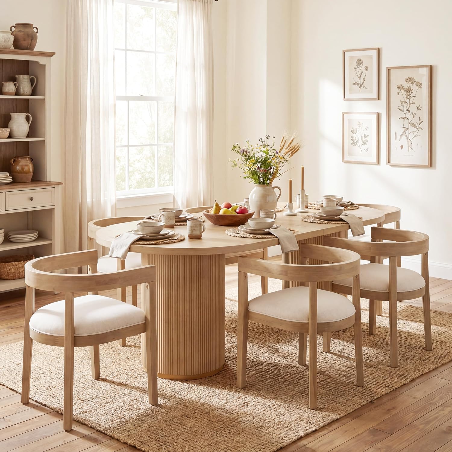 Christopher Knight Home 7 Piece Dining Table Set for 6, 88" Oval Cylinder Kitchen Table & Chairs, MDF Wood Dining Room Table Set with 6 Upholstered Chairs, Farmhouse Breakfast Table Set, Light Ash