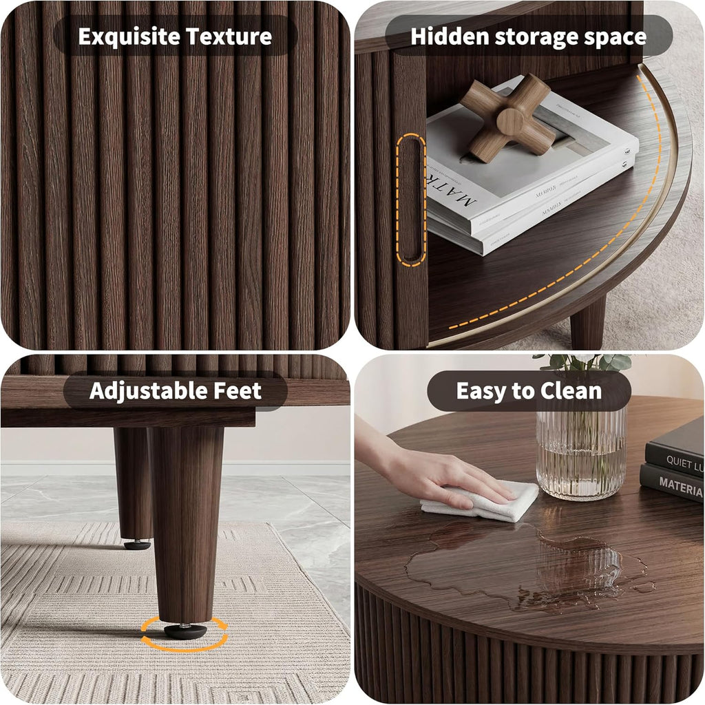 Round Coffee Table with Storage, 31.5" Center Table for Living Room, Mid Century Modern Coffee Tables for Living Room, Compact Small Coffee Table with Hidden Storage, Adjustable Feet, Walnut