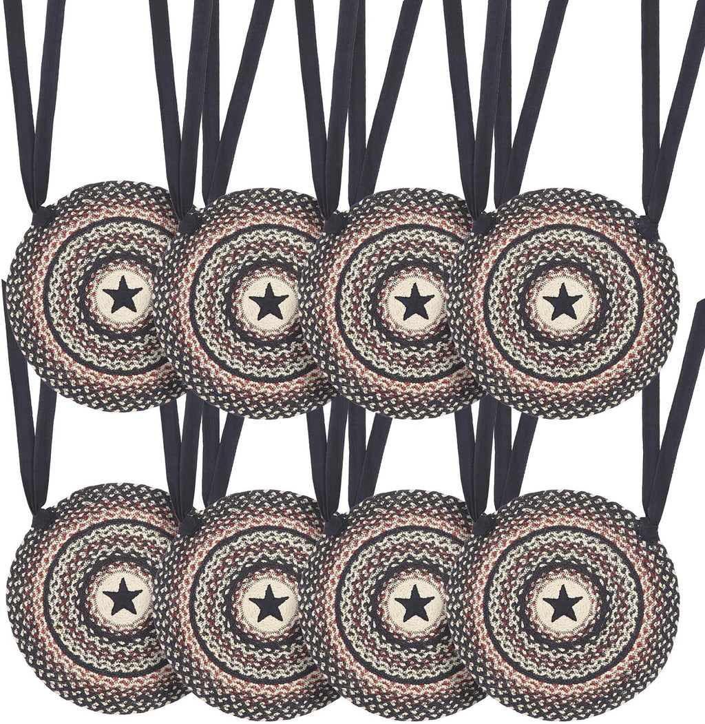 VHC Brands Colonial Star Round Seat Cushion Chair Pad, Tan Black Red, Jute Blend with Ties, 15x15 Inches, Set of 8