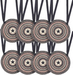 VHC Brands Colonial Star Round Seat Cushion Chair Pad, Tan Black Red, Jute Blend with Ties, 15x15 Inches, Set of 8