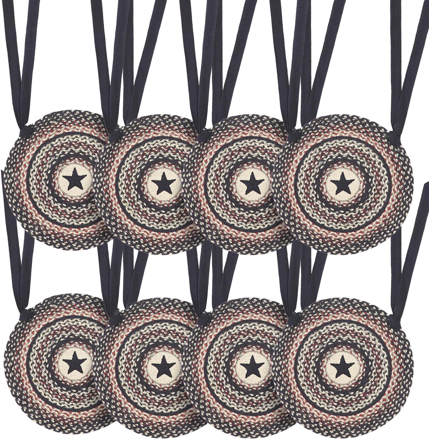 VHC Brands Colonial Star Round Seat Cushion Chair Pad, Tan Black Red, Jute Blend with Ties, 15x15 Inches, Set of 8