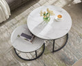 Modern Nesting Coffee Table Set of 2 for Living Room, Office, Balcony, Mid Century Round Wood Accent Coffee MDF Faux Marble Tabletop w/Black Color Frame, Gift for Thanksgiving Christmas -White