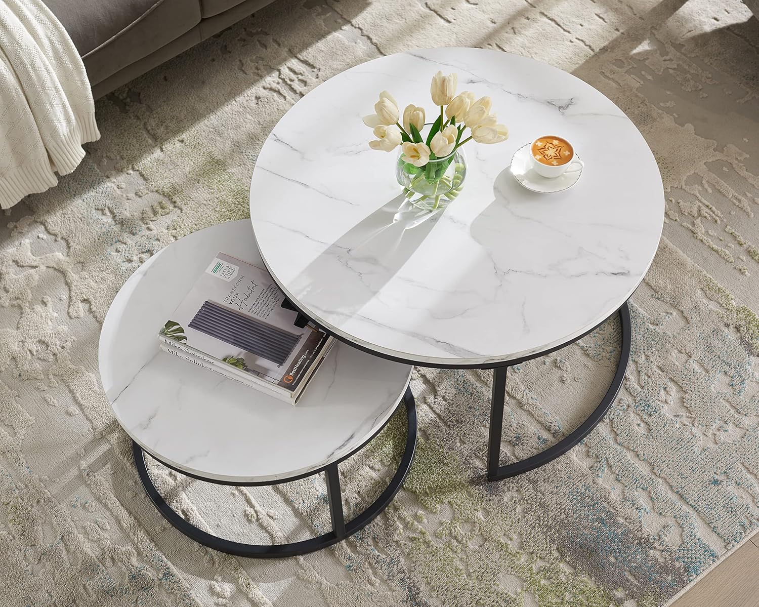 Modern Nesting Coffee Table Set of 2 for Living Room, Office, Balcony, Mid Century Round Wood Accent Coffee MDF Faux Marble Tabletop w/Black Color Frame, Gift for Thanksgiving Christmas -White