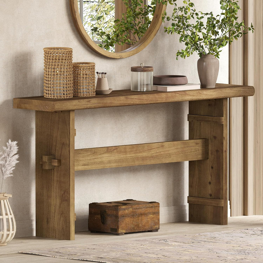 TRIBEWOOD 63-Inch Solid Wood Console Table for Entryway, Narrow Long Farmhouse Sofa Table Behind Couch, for Foyer, Hallway, Living Room, Easy Asswmbly, Brown