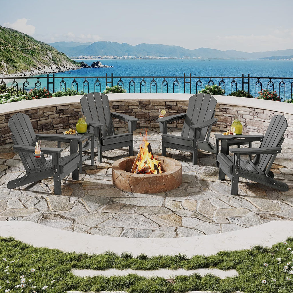 Garvee Folding Adirondack Chair, HDPE Outdoor Patio Chair with Cup Holder, All Weather Resistent Wooden Textured for patios, Decks, Gardens, fire Pit, Grey