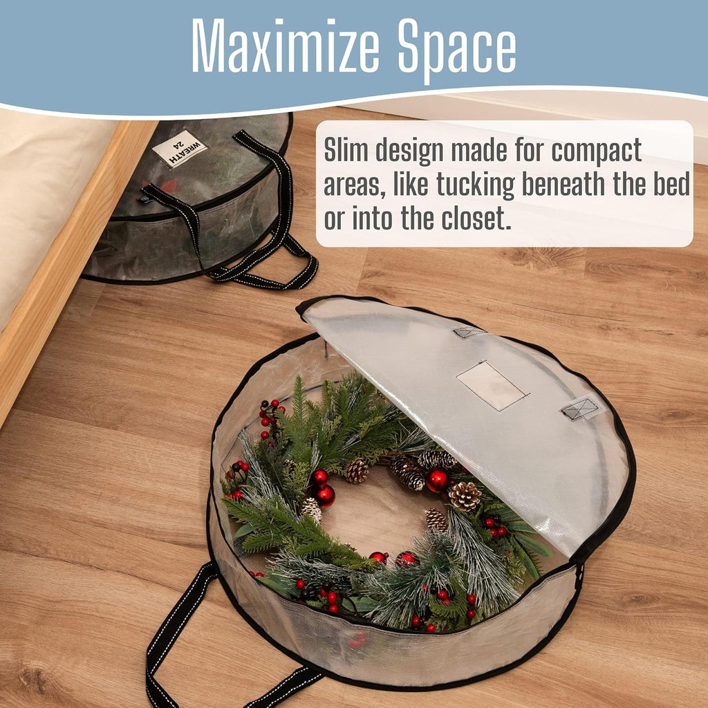 VENO 2 Pack Summer Wreath Storage Container, 24 Inch Clear Wreath Bag, Spring, Christmas Garland Decoration Organizers with Zipper and Durable Handles (Clear, 24"-2 Pack)