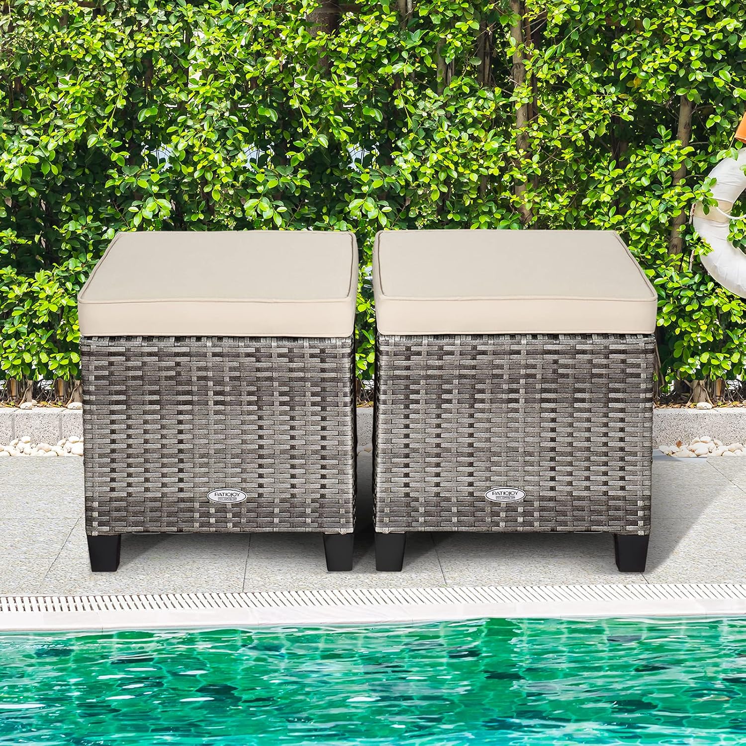 ORALNER Set of 2 Outdoor Ottoman, 16” Wicker Foot Stools, All-Weather Rattan Cube Footstool w/Removable Cushions, Square Footrest Extra Seating for Patio, Porch, Deck, Easy Assembly (Beige)