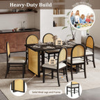 LUMISOL 7-Piece Dining Table Set with 6 Chairs, Rectangular Kitchen Table Set with 6 Rattan Chairs for Kitchen, Dining Room, Espresso+Beige