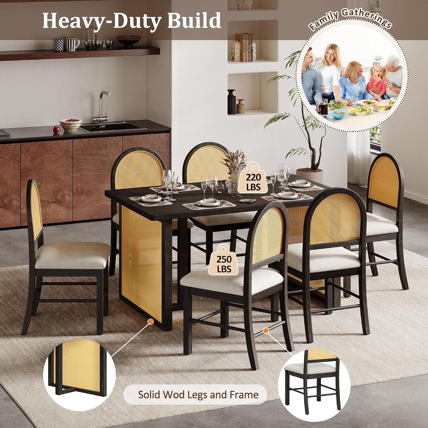 LUMISOL 7-Piece Dining Table Set with 6 Chairs, Rectangular Kitchen Table Set with 6 Rattan Chairs for Kitchen, Dining Room, Espresso+Beige