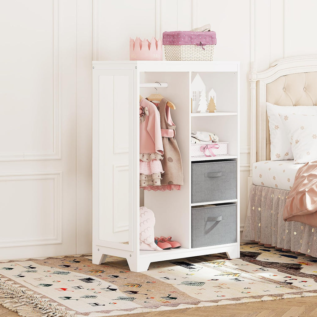 UTEX Kids Dress Up Storage with 2 Storage Bins and Full Length Mirror | Kids Armoire, Opening Hanging Kids Closet Wardrobe, Water-based Paint