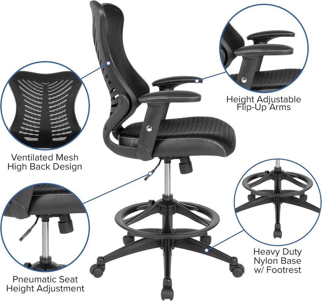 Flash Furniture Waylon High Back Designer Black Mesh Drafting Chair with LeatherSoft Sides and Adjustable Arms