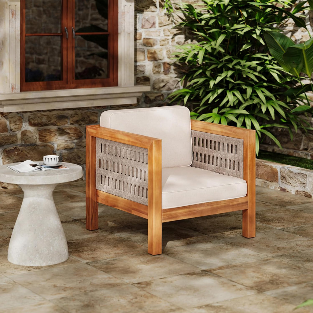 Outdoor Club Chair Set of 2 — Acacia Wood Frame, Wicker Armrests & Beige Cushions, 400 lbs Capacity, for Patio Garden Backyard