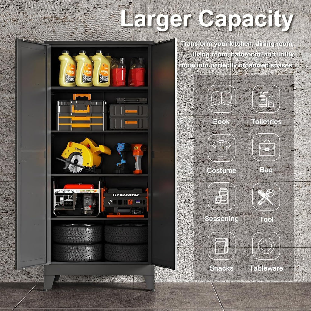 71" H Black Metal Storage Cabinets,Garage Storage Cabinet,Tall Pantry Cabinet with Doors,Kitchen Food Storage Cabinet,Farmhouse Storage Cabinets for Kitchen, Dining Room